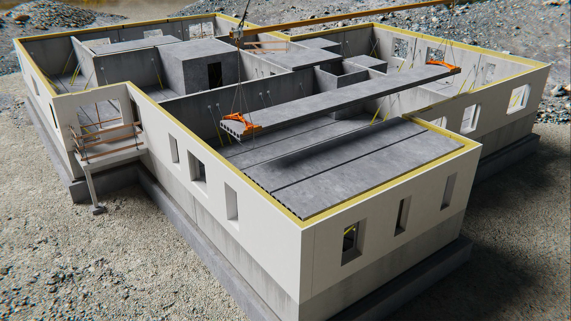 Betonielementtikerrostalon rakentaminen -animaatio