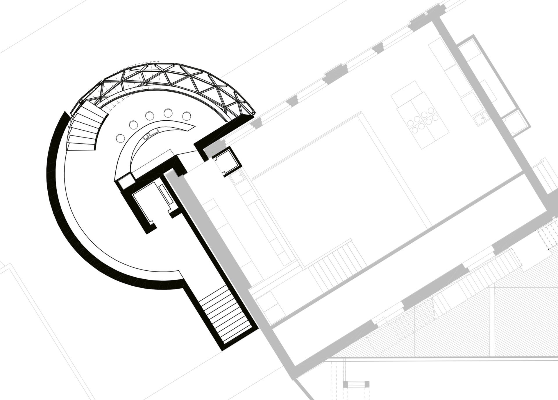 Pallon sisäänkäyntitasolla sijaitsee baari. Piirros: Kern Architektur GmbH