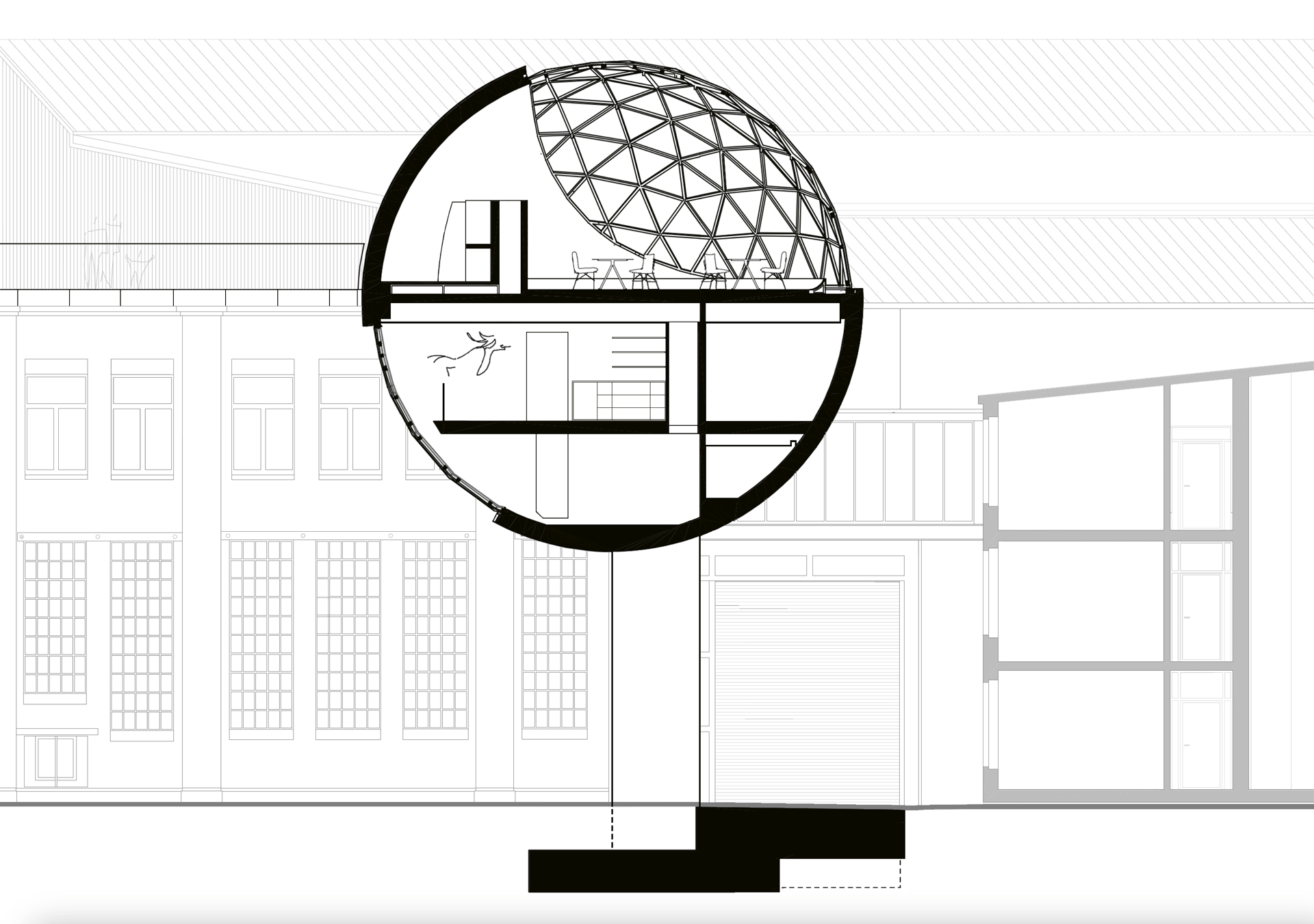 Leikkaus. Alimpana tekniikkataso, keskellä sisäänkäyntitaso ja ylimpänä ravintolataso, jonka lattia on pallon ’päiväntasaajan’ korkeudella. Piirros: Kern Architektur GmbH