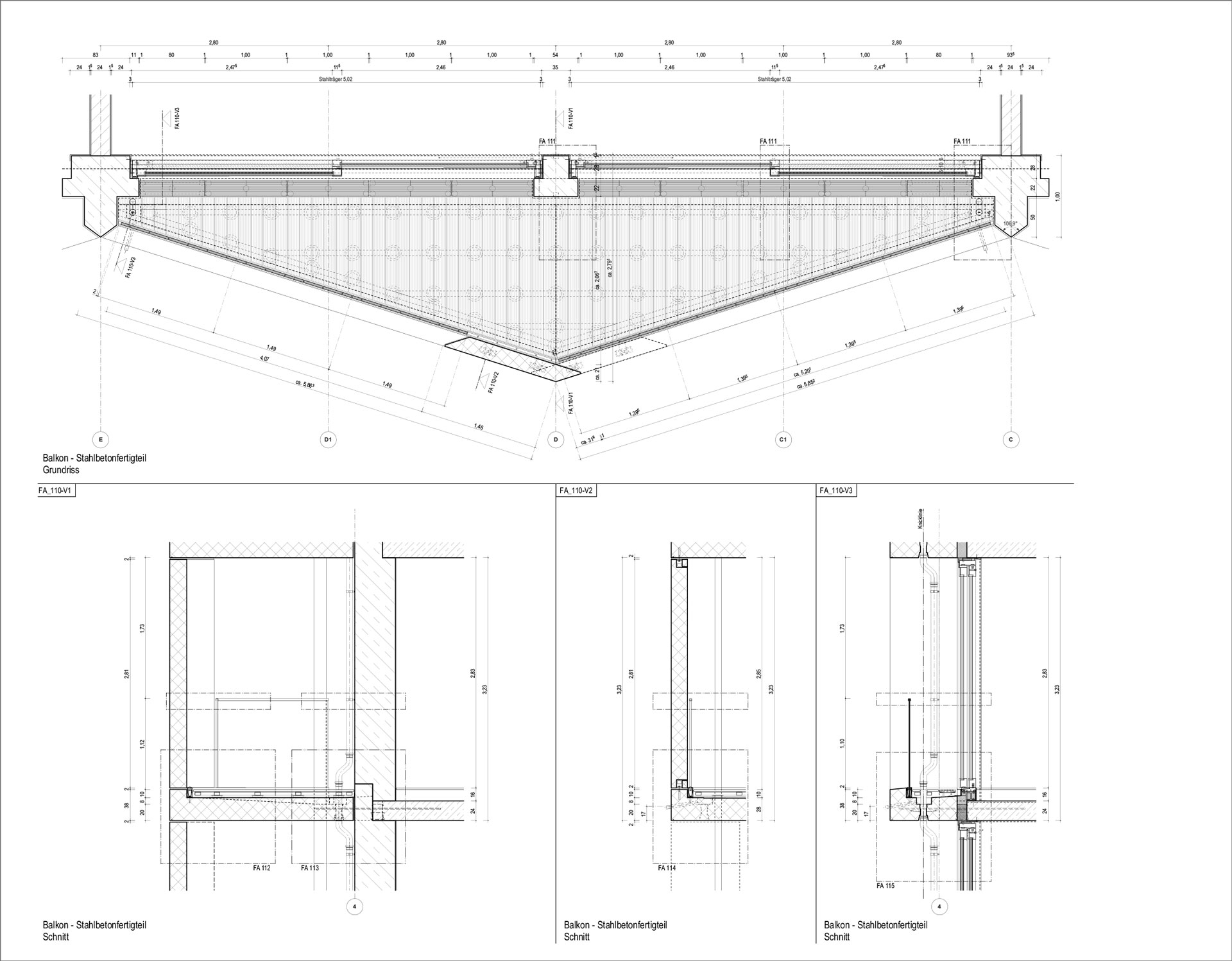 Julkisivuleikkaus ja detaljipiirustuksia.