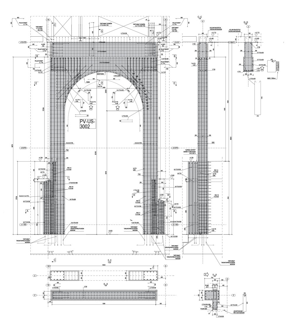 Holvikaaren rakenne- ja raudoituspiirustus. Kuva: A-Insinöörit
