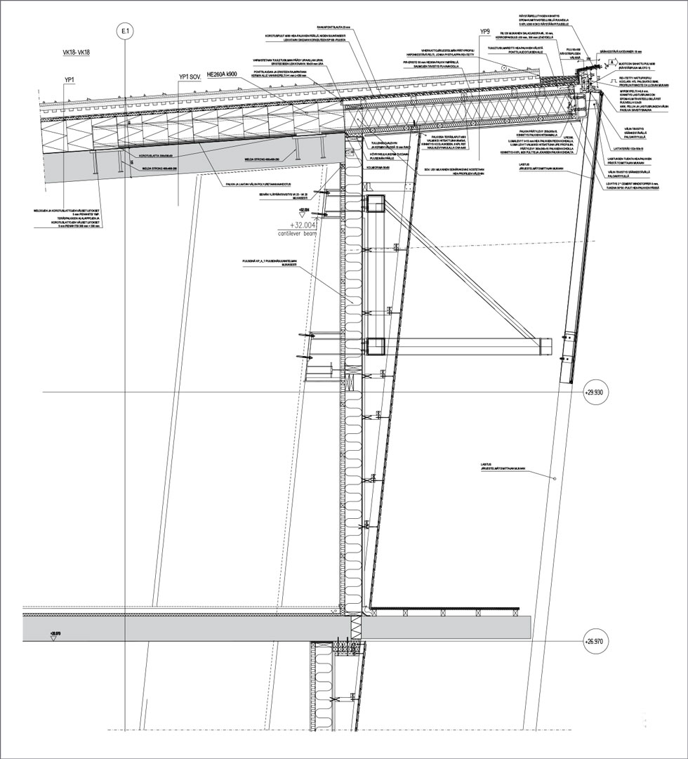 Vesikatto- ja seinäleikkaus. Kuva: A-Insinöörit