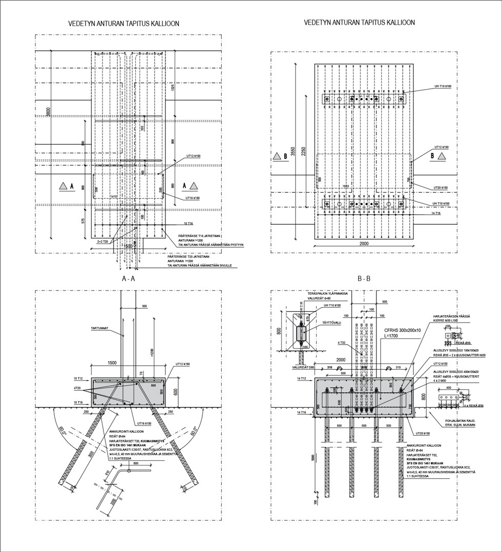 Vetoankkuroitujen anturoiden rakennepiirustuksia. Kuvissa vedetyn anturan tapitus kallioon. Kuva: A-Insinöörit