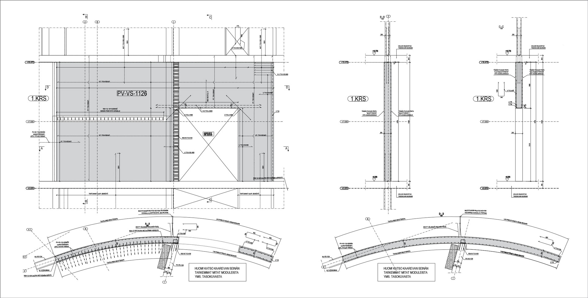 Paikallavaletun seinän rakennepiirros ja seinäleikkaukset. Kuva: A-Insinöörit