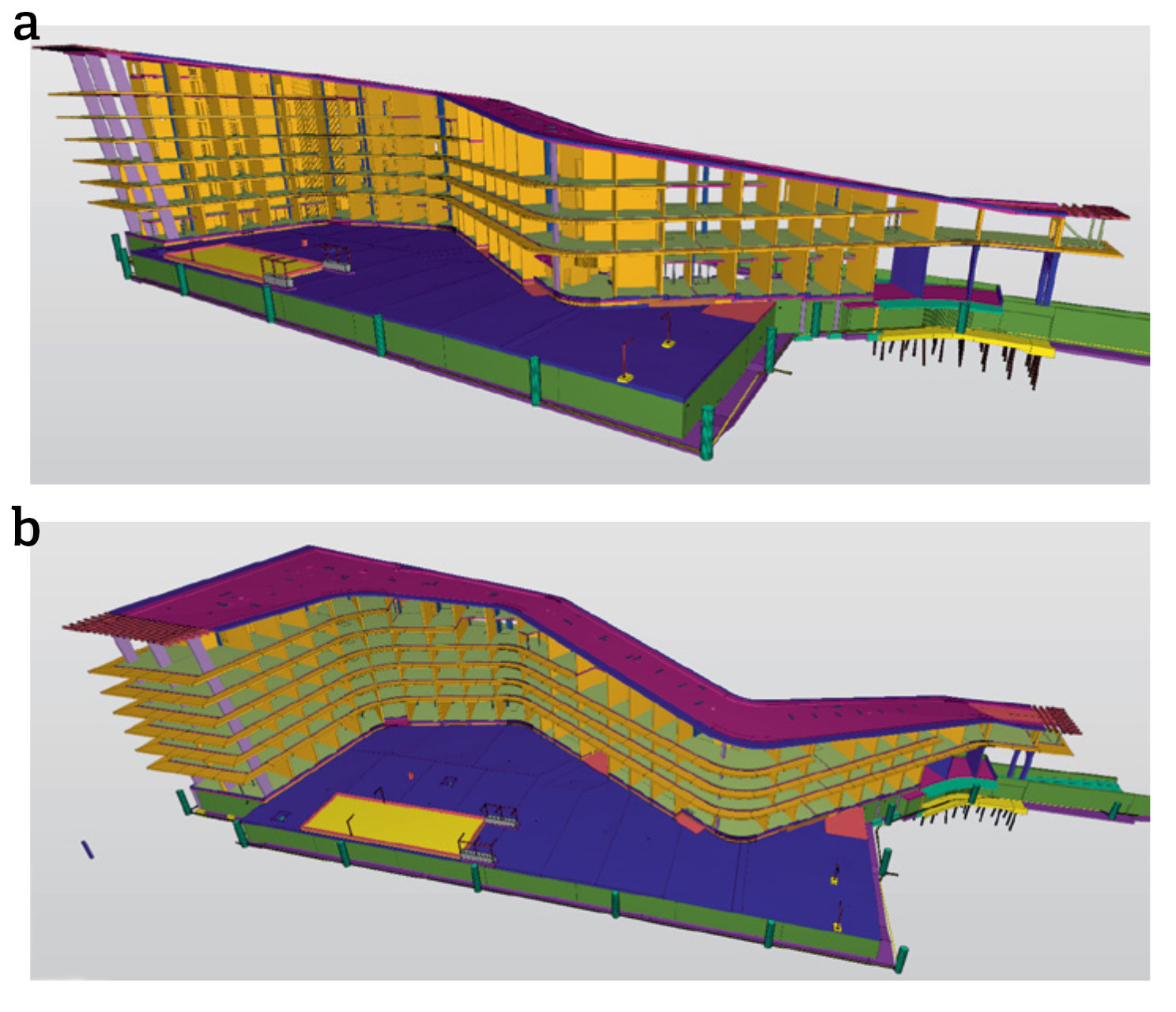 Rakennuksesta tehtiin tarkat tietomallikuvat. Perustukset ovat pääosin kallionvaraiset. Paalutettu perustus on rakennuksen kapeimman ja matalimman osan päädyssä. Kuva: A-Insinöörit