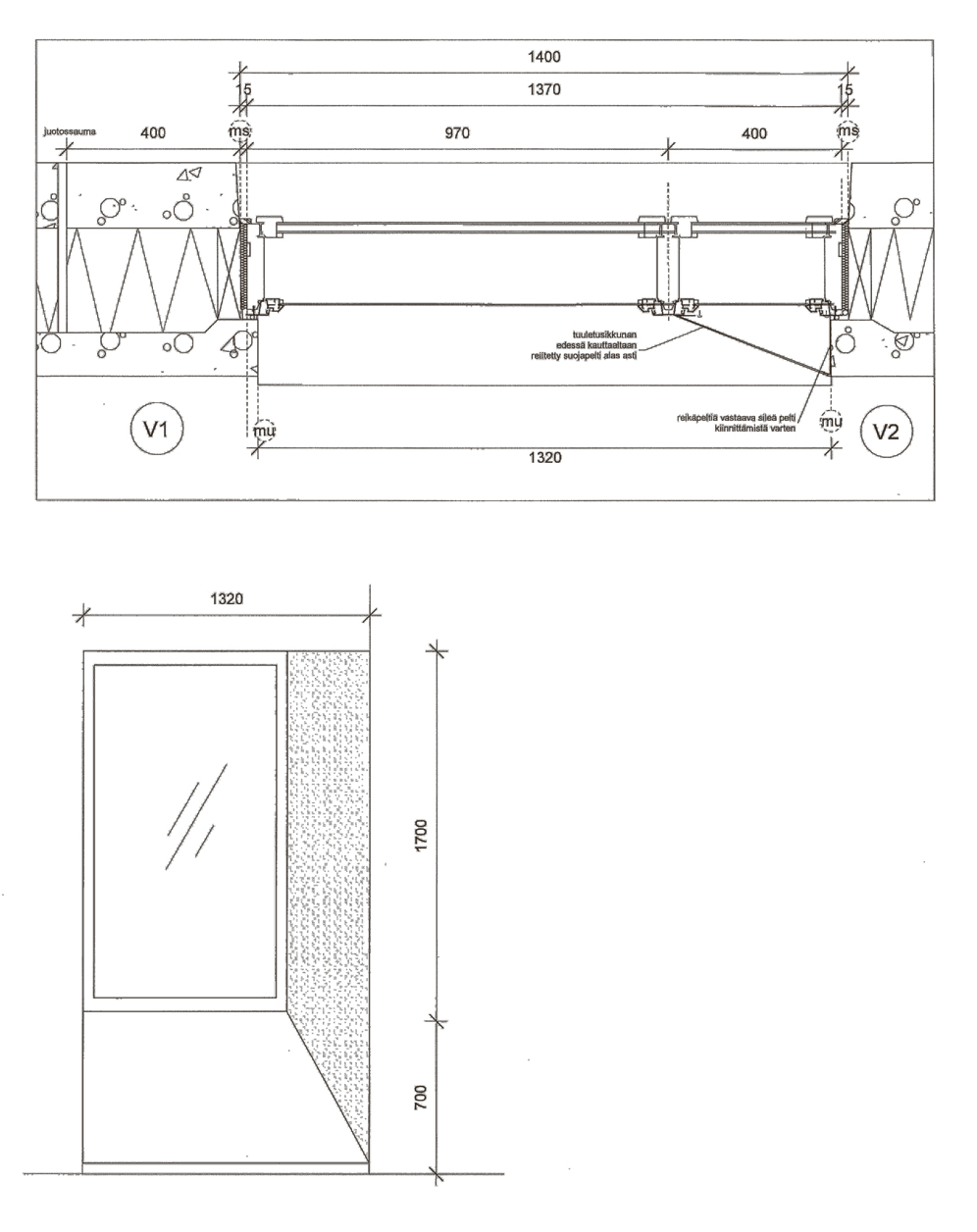 Perusikkunan sovitus ulkoseinään. Projektio, vaaka- ja pystyleikkaus arkkitehtisuunnitelmien mukaan. Kuva: Kirsti Sivén & Asko Takala Arkkitehdit Oy
