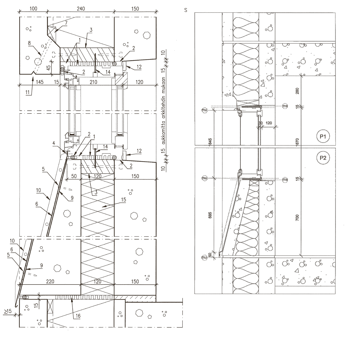 Ikkunan liittyminen sandwich-ulkoseinään. Rakennepystyleikkaus. Kuva: Kirsti Sivén & Asko Takala Arkkitehdit Oy